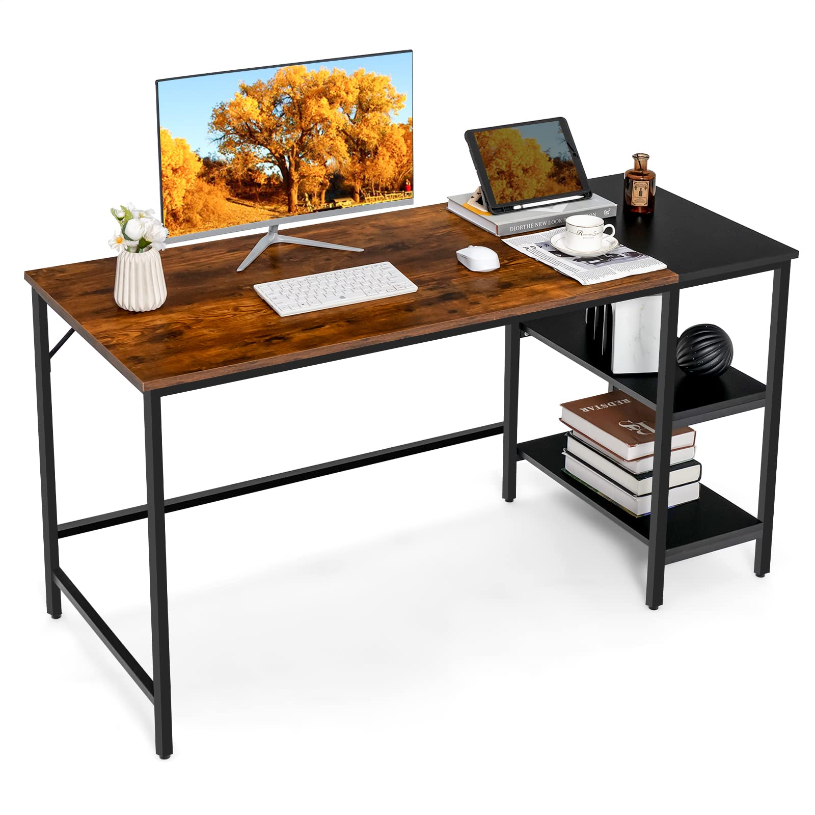 Tangkula Bureau informatique 55", Grand bureau d'ordinateur de maison avec étagères de rangement à 2 niveaux